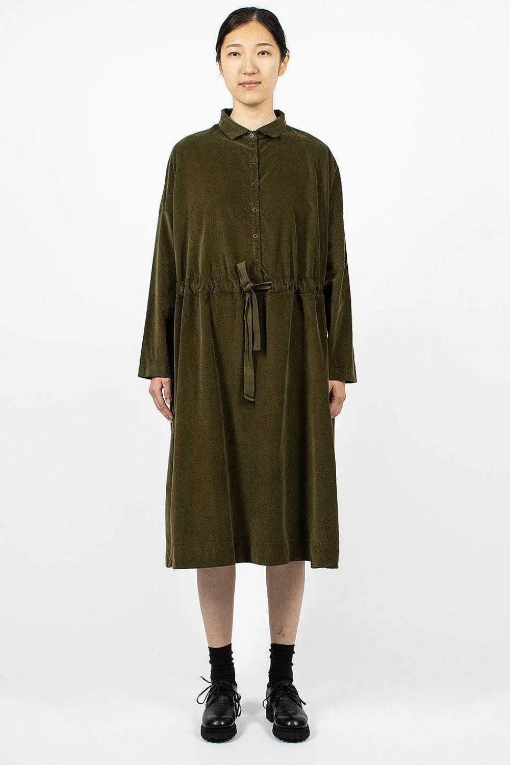 Album di Famiglia 31_195 Collar Drawstring Dress Olive| Dresses