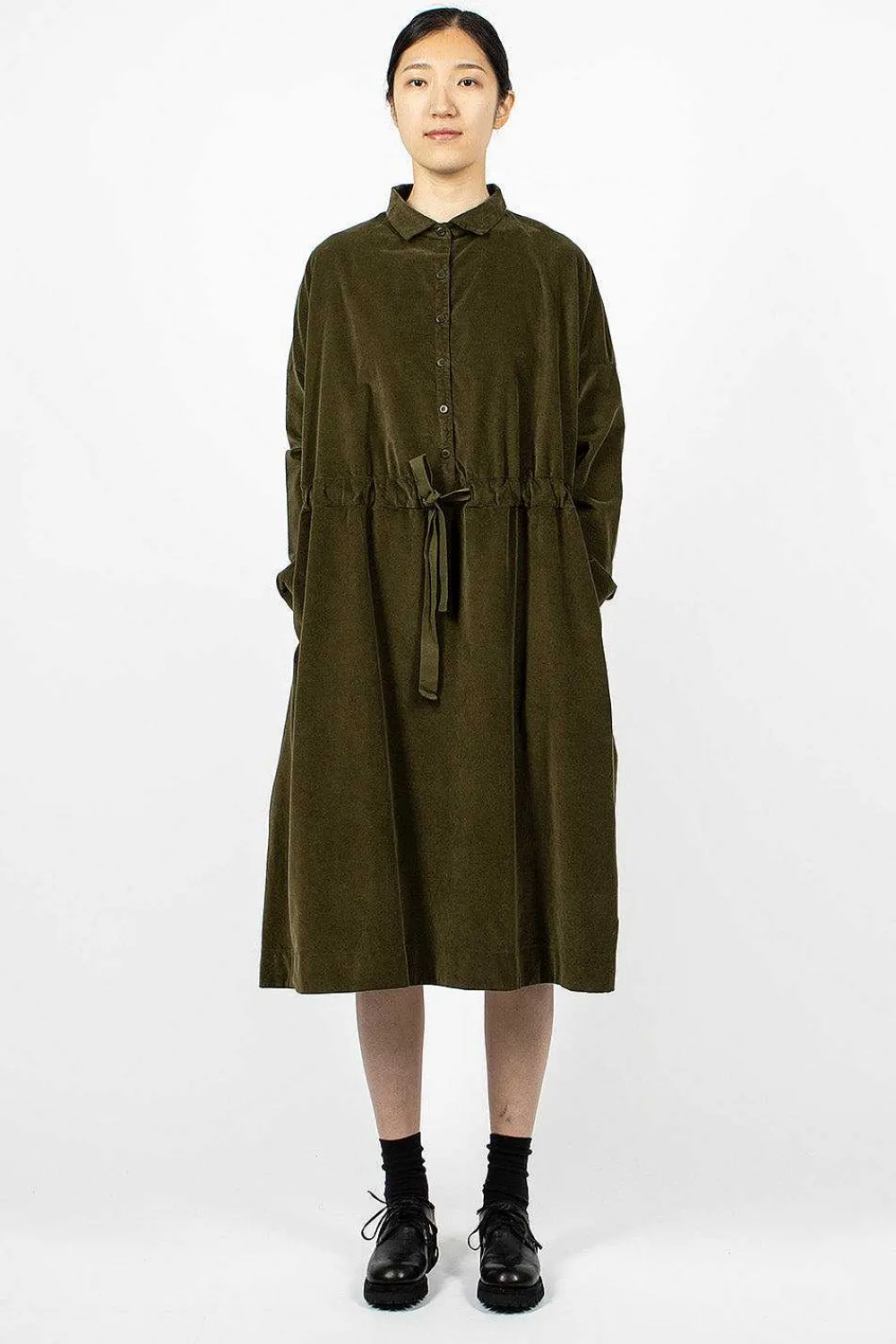 Album di Famiglia 31_195 Collar Drawstring Dress Olive| Dresses