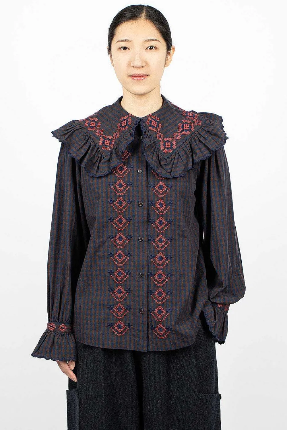 YMC Blossom Gingham Shirt Navy/Brown| Shirts