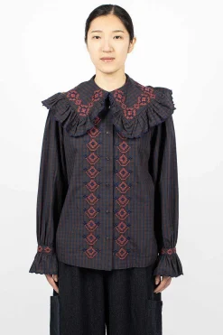 YMC Blossom Gingham Shirt Navy/Brown| Shirts