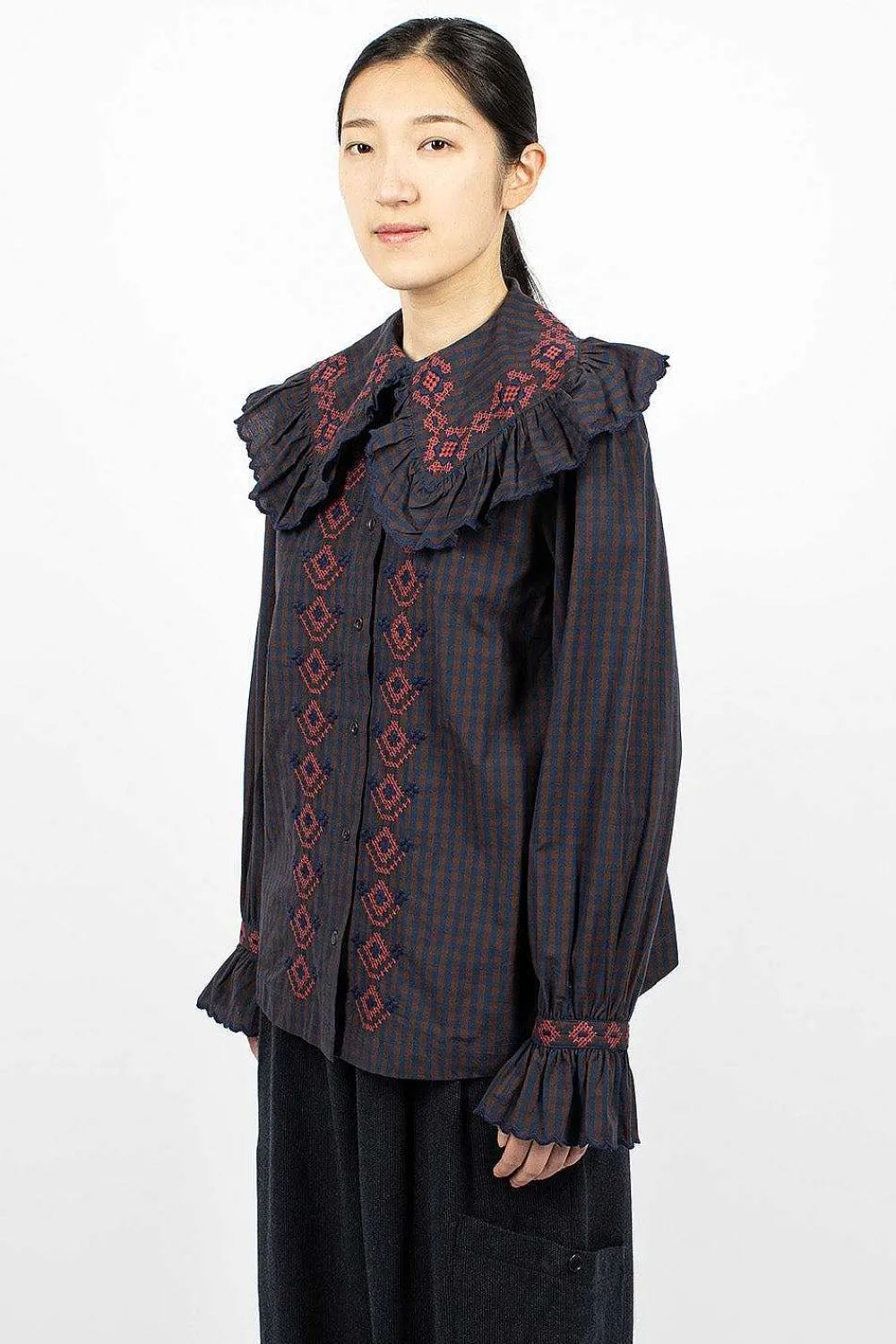 YMC Blossom Gingham Shirt Navy/Brown| Shirts