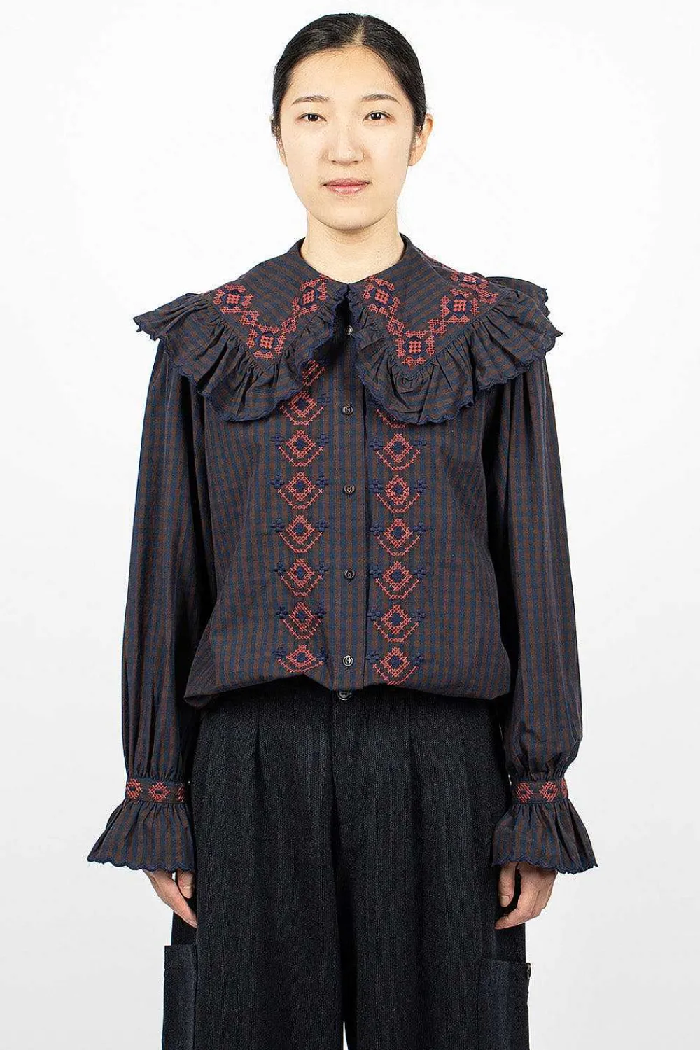 YMC Blossom Gingham Shirt Navy/Brown| Shirts