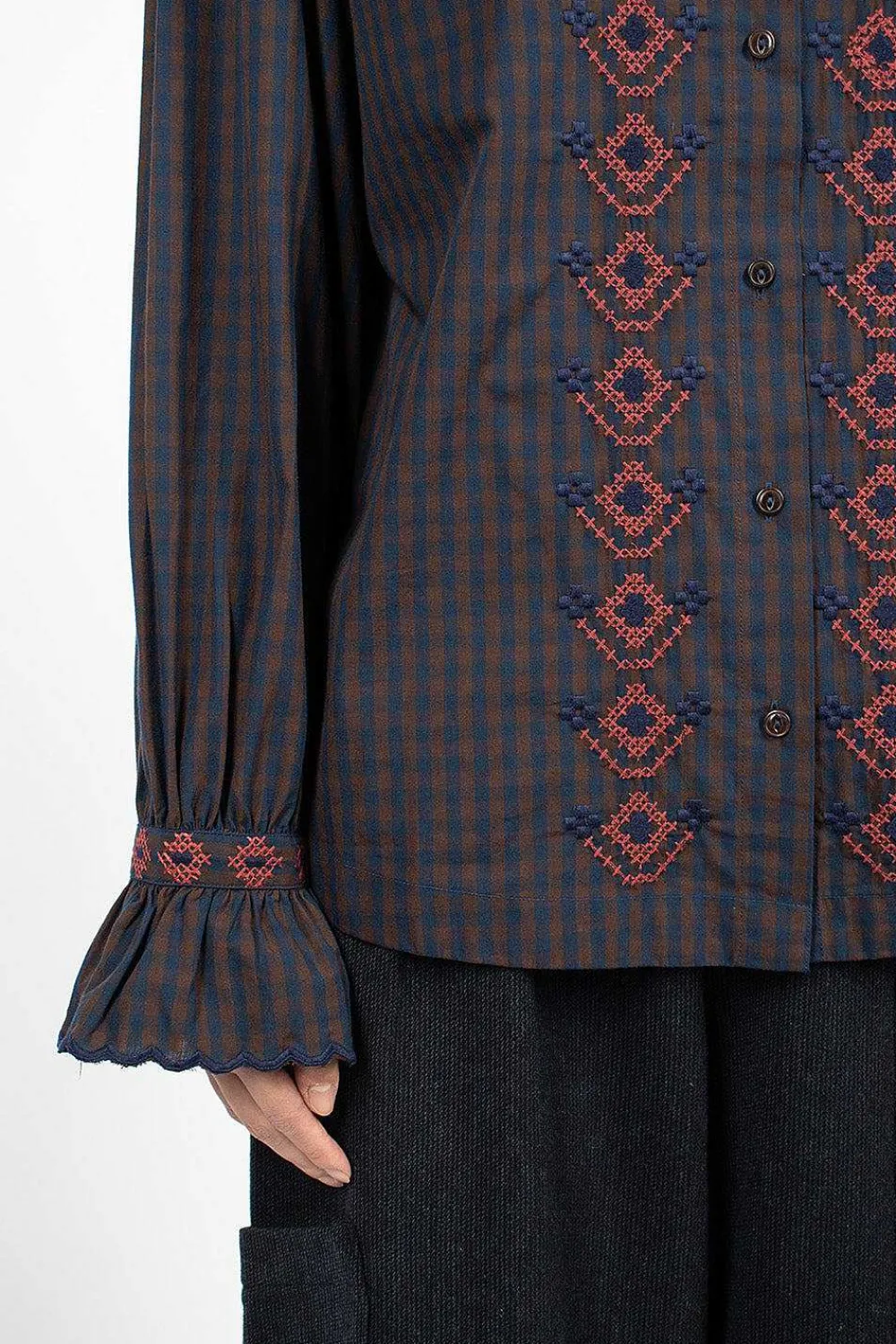 YMC Blossom Gingham Shirt Navy/Brown| Shirts