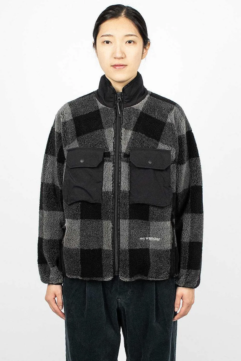 and wander Check Boa Jacket Grey| Outerwear