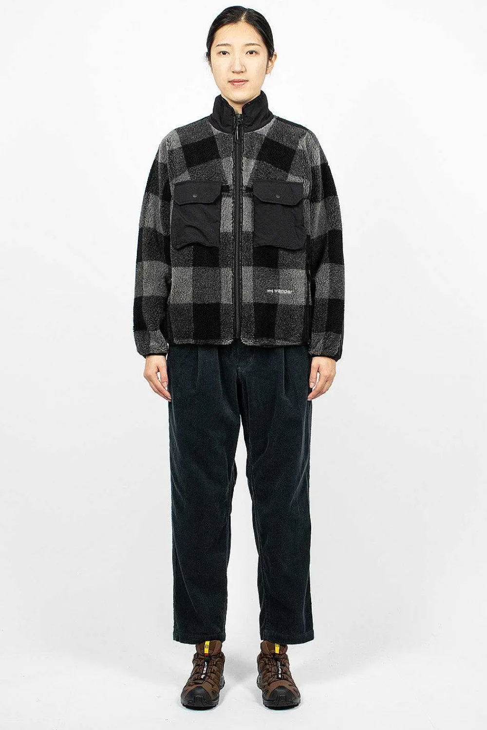 and wander Check Boa Jacket Grey| Outerwear