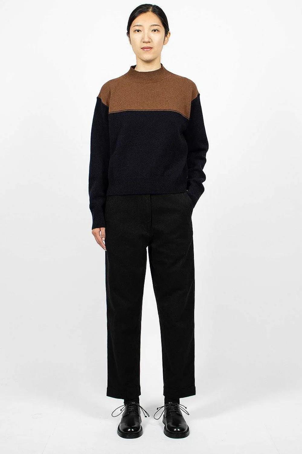 Margaret Howell Colourblock Jumper Tobacco/Navy| Knitwear