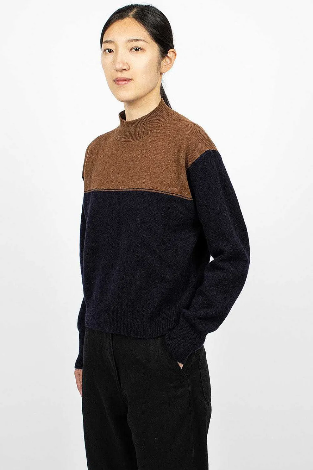 Margaret Howell Colourblock Jumper Tobacco/Navy| Knitwear