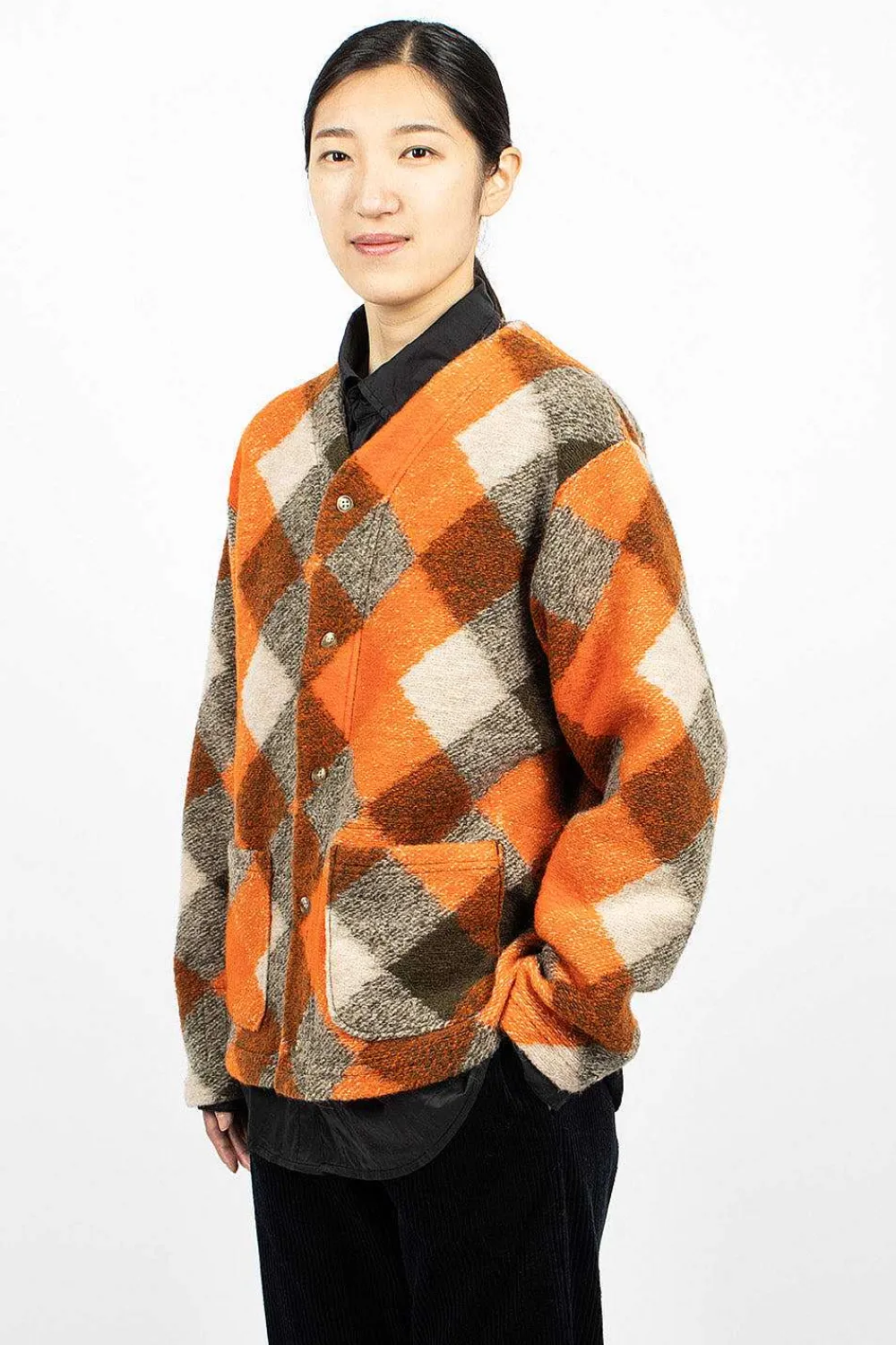 Engineered Garments FWK Diamond Knit Cardigan Orange/Olive| Knitwear