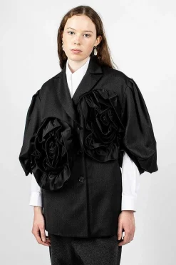Simone Rocha Exaggerated Satin Rose Blazer Charcoal/Black| Outerwear