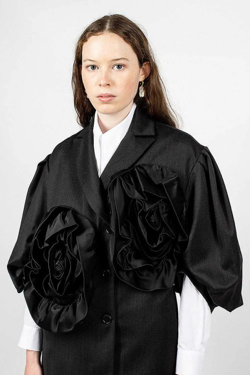 Simone Rocha Exaggerated Satin Rose Blazer Charcoal/Black| Outerwear