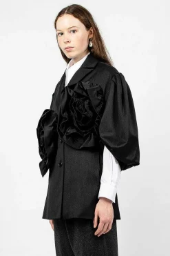 Simone Rocha Exaggerated Satin Rose Blazer Charcoal/Black| Outerwear