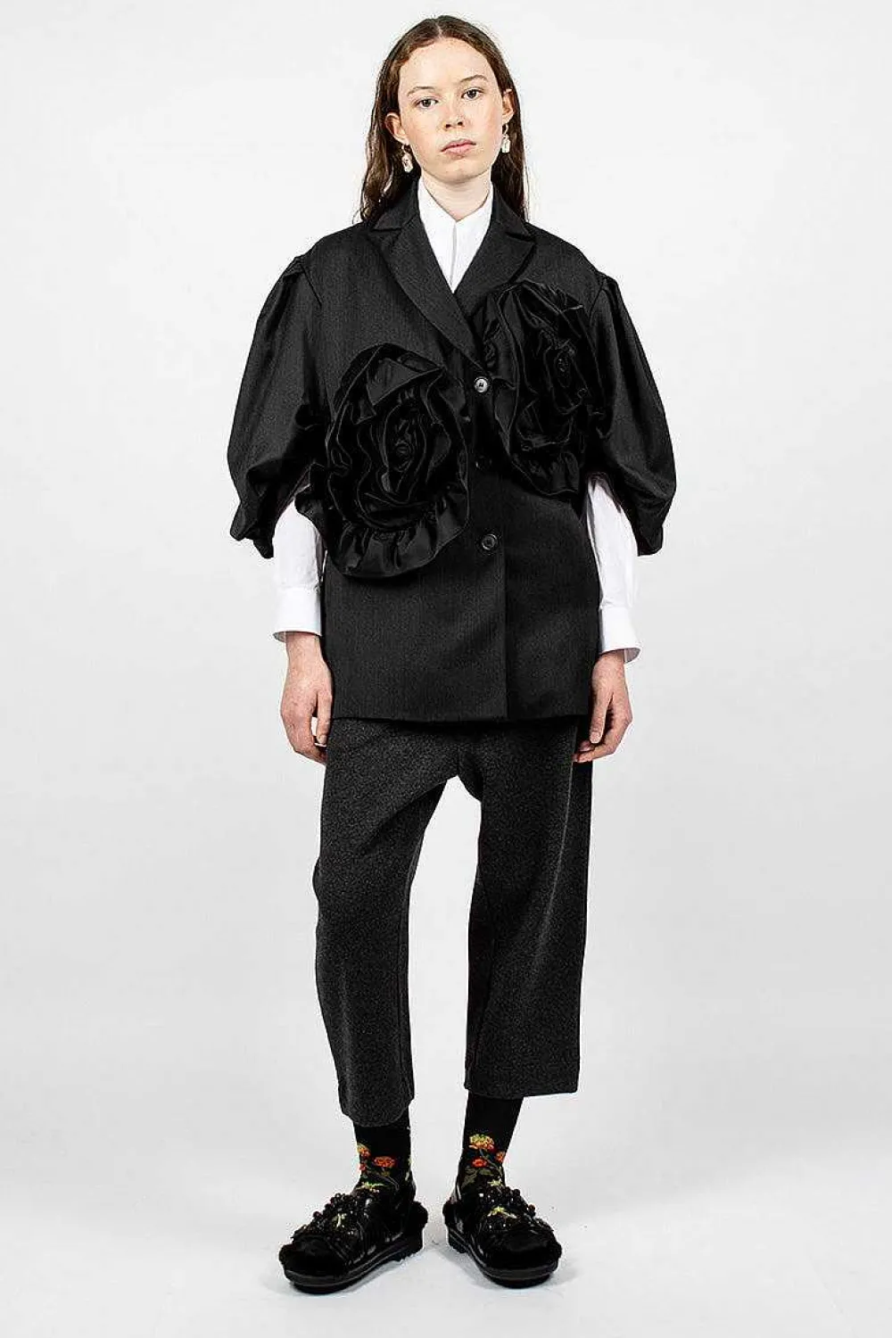 Simone Rocha Exaggerated Satin Rose Blazer Charcoal/Black| Outerwear