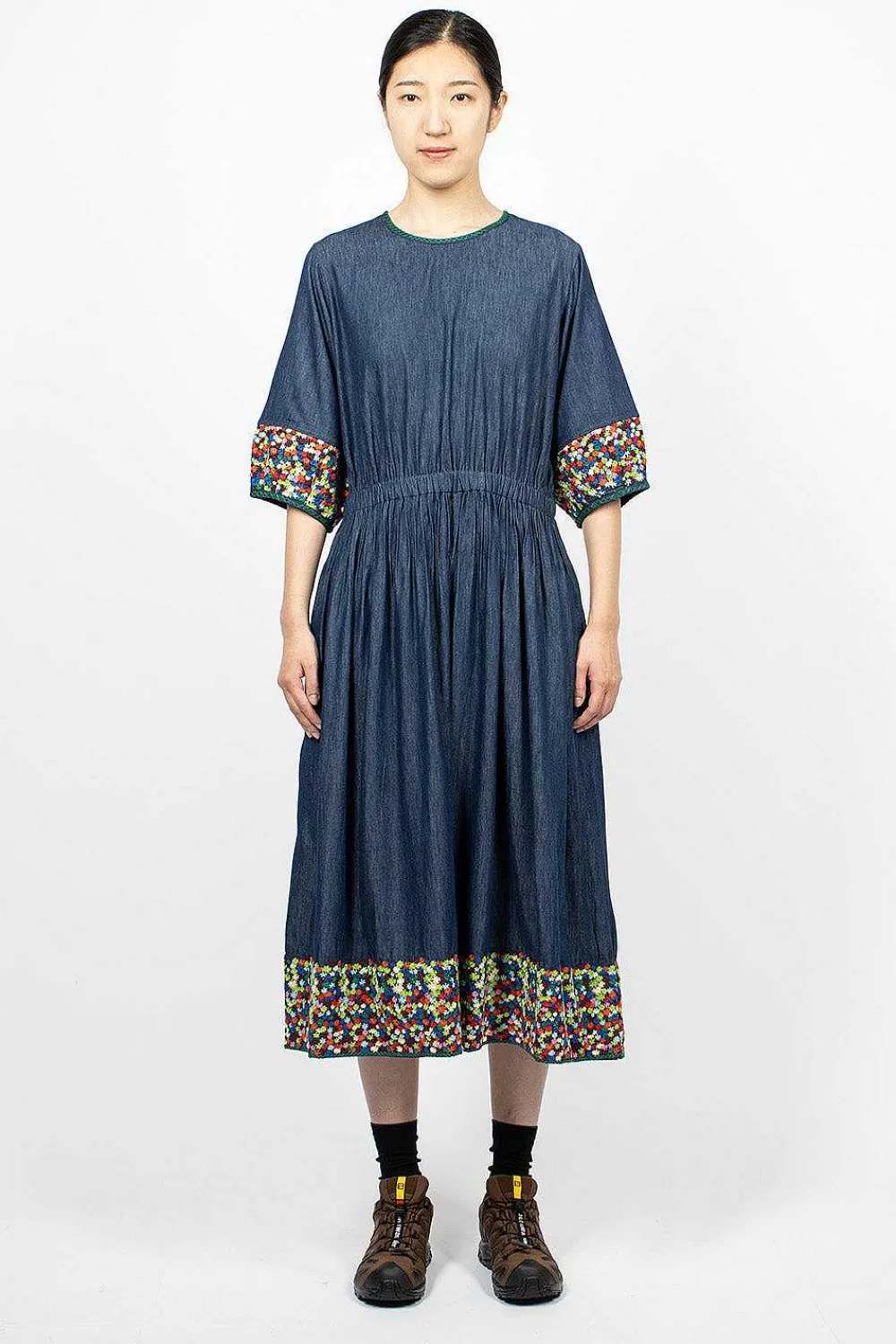 YMC Garden Dress Embroidered Indigo| Dresses