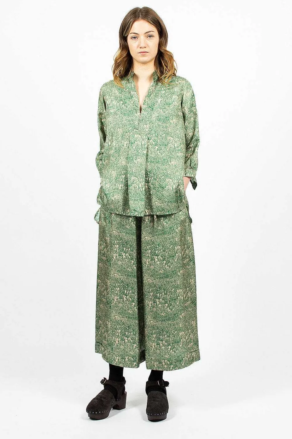 Daniela Gregis Kora Washed Silk Shirt Pine Drawing| Tops