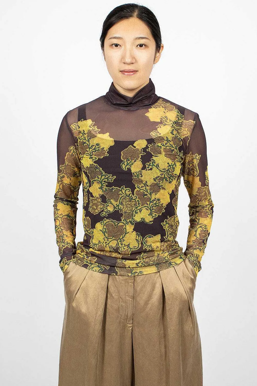 Dries Van Noten Mesh Turtleneck Brown Floral| Tops