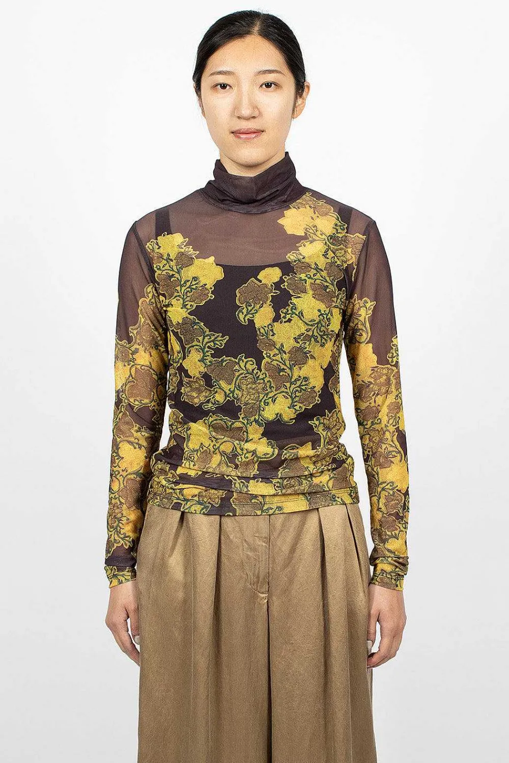 Dries Van Noten Mesh Turtleneck Brown Floral| Tops