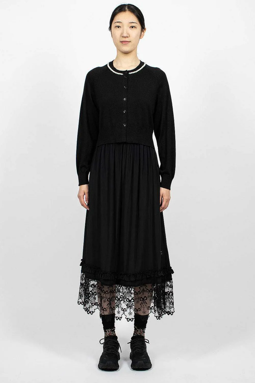 Simone Rocha Pearl Embellished Cropped Black Cardigan| Knitwear