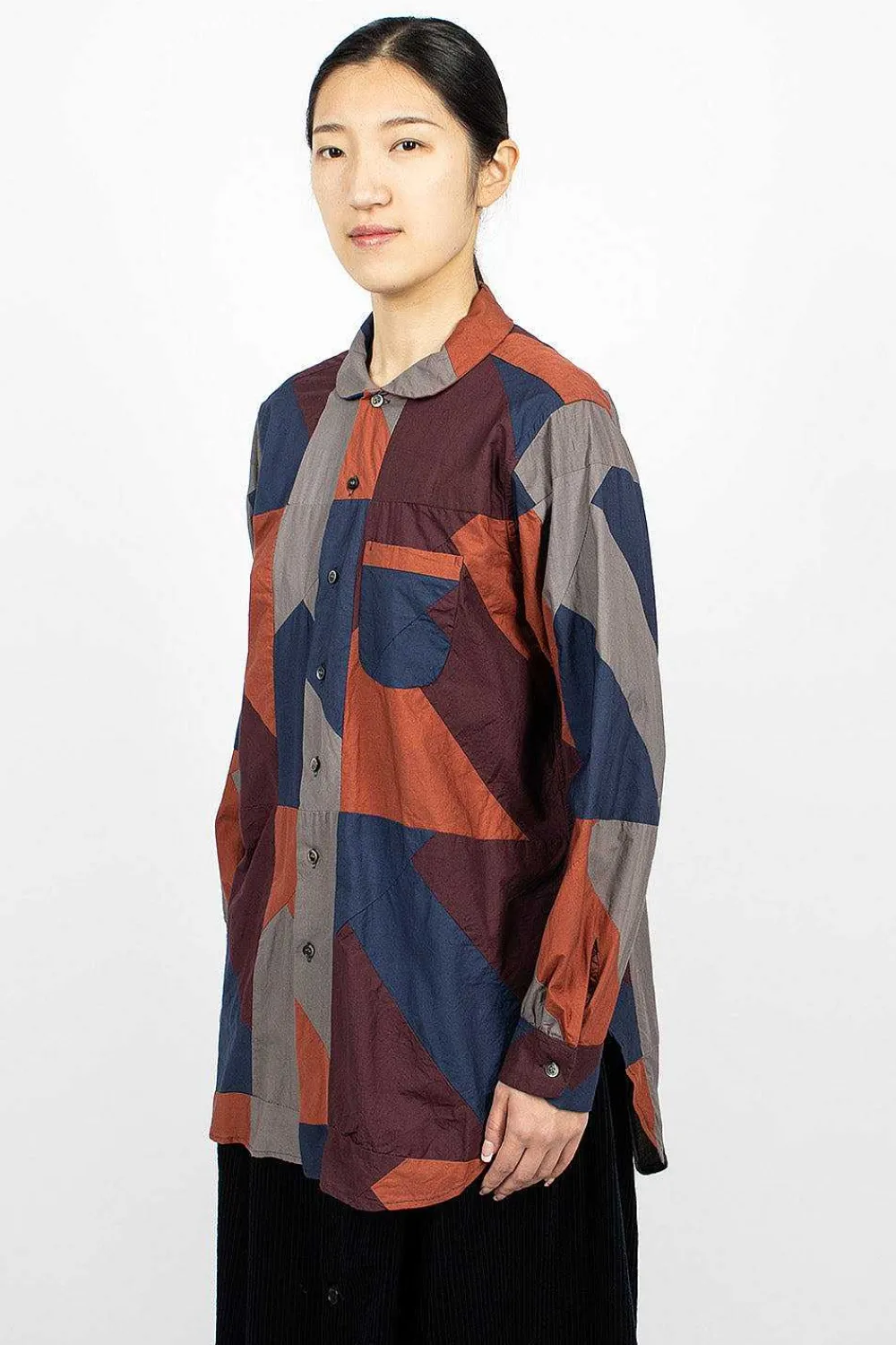 Engineered Garments FWK Rounded Collar Shirt Burgundy/Geo| Shirts