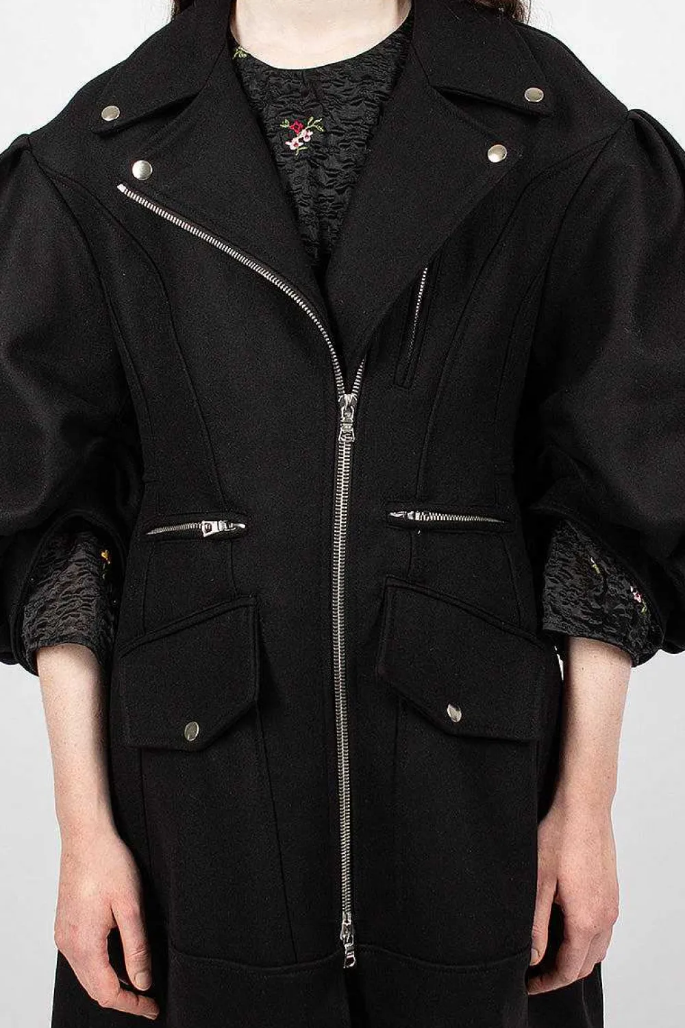 Simone Rocha Sculpted Biker Detail Coat Black| Outerwear