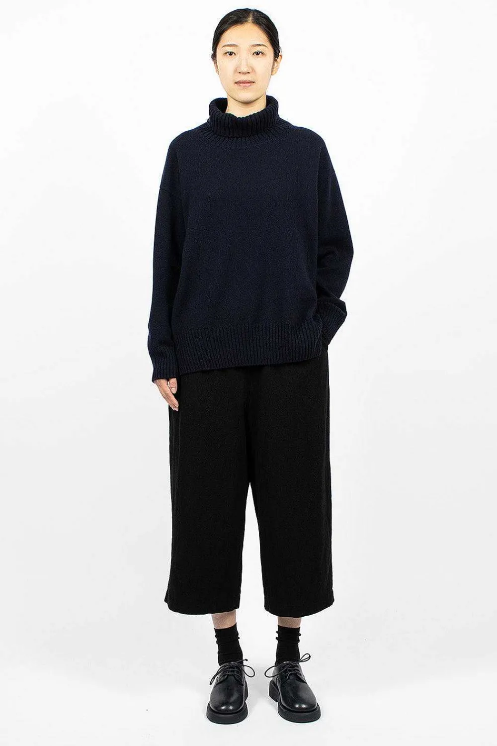 Toujours Side Slit Pullover Turtleneck Navy| Knitwear