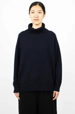 Toujours Side Slit Pullover Turtleneck Navy| Knitwear