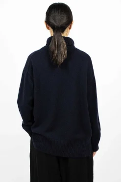 Toujours Side Slit Pullover Turtleneck Navy| Knitwear