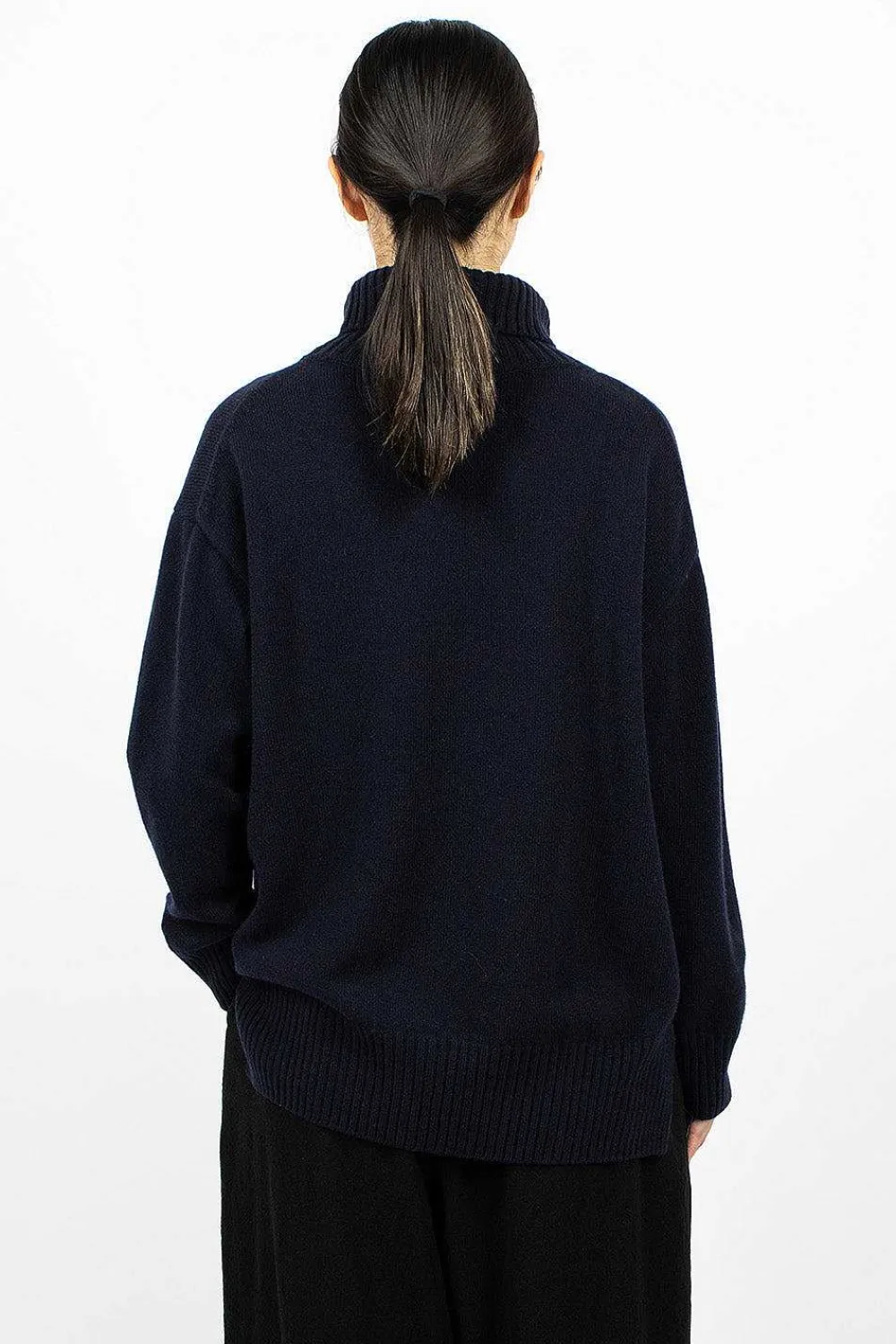 Toujours Side Slit Pullover Turtleneck Navy| Knitwear