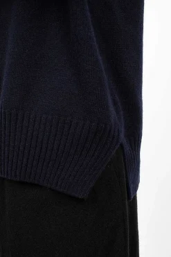 Toujours Side Slit Pullover Turtleneck Navy| Knitwear