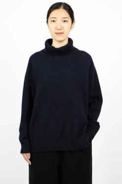 Toujours Side Slit Pullover Turtleneck Navy| Knitwear