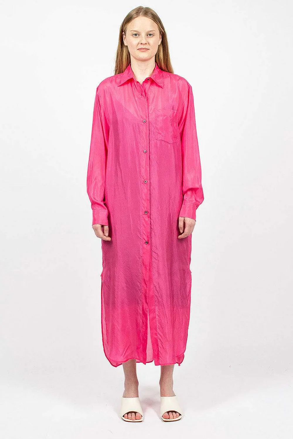 Dries Van Noten Silk Shirt Dress Fuchsia| Dresses