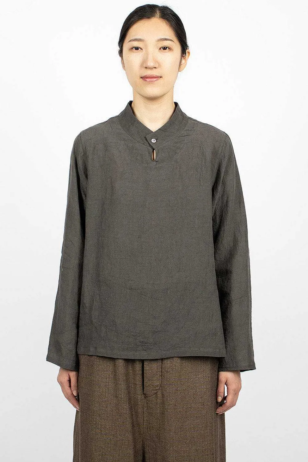 Vlas Blomme Stand Collar Blouse Charcoal| Tops