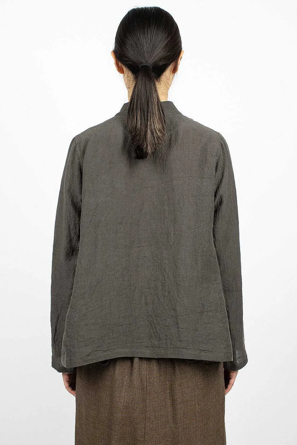 Vlas Blomme Stand Collar Blouse Charcoal| Tops