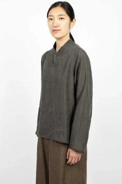 Vlas Blomme Stand Collar Blouse Charcoal| Tops