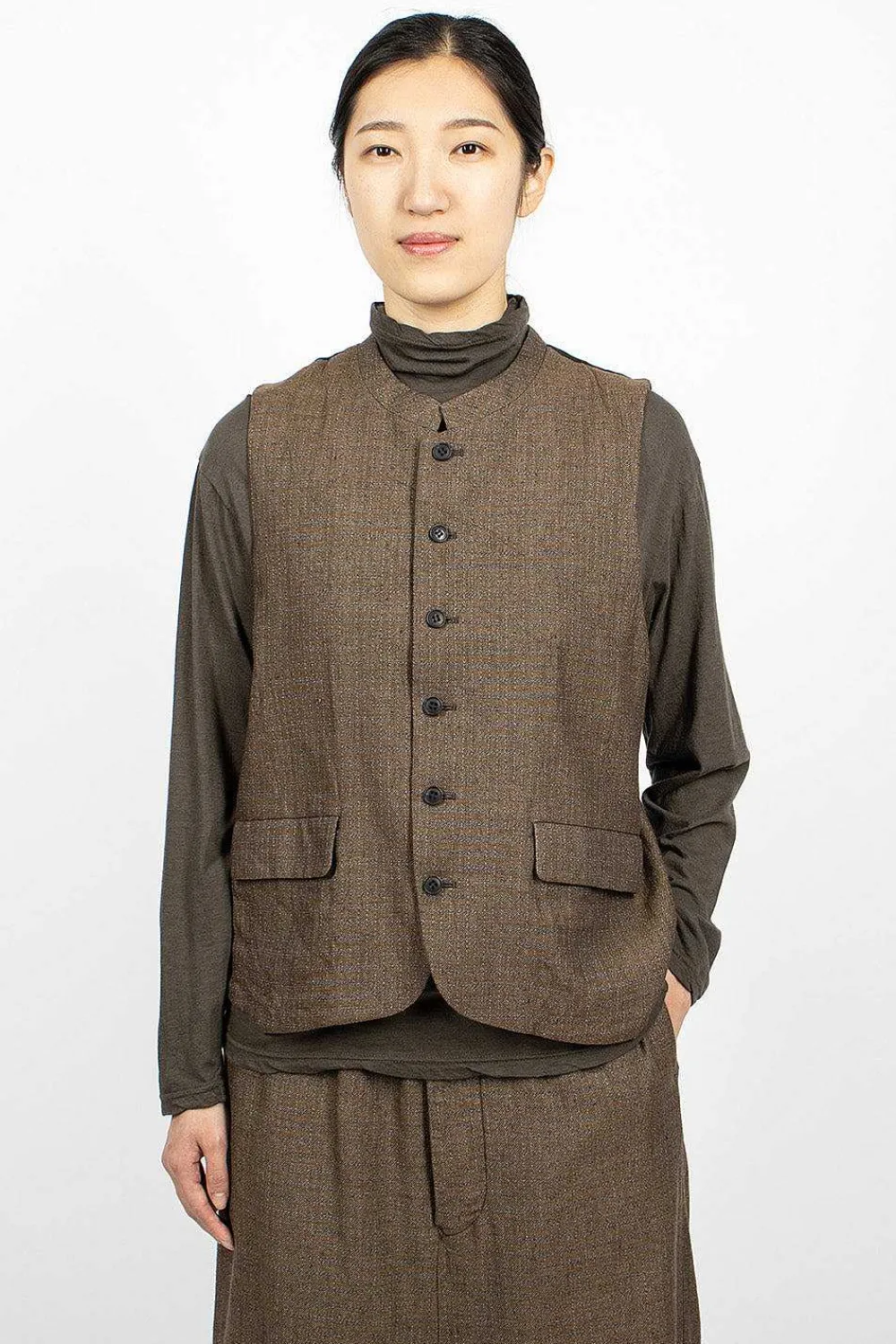 Vlas Blomme Two Tone Vest Brown Old Check| Outerwear