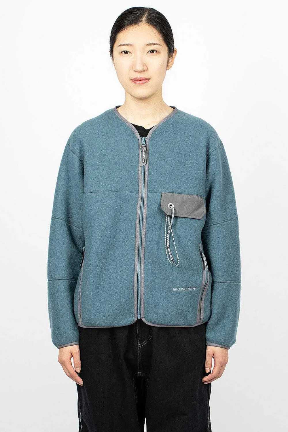 and wander Wool Fleece Cardigan Blue Grey| Outerwear